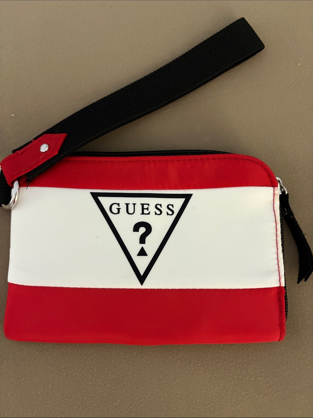 GUESS Red and White Colorblock Wristlet with Black Strap
